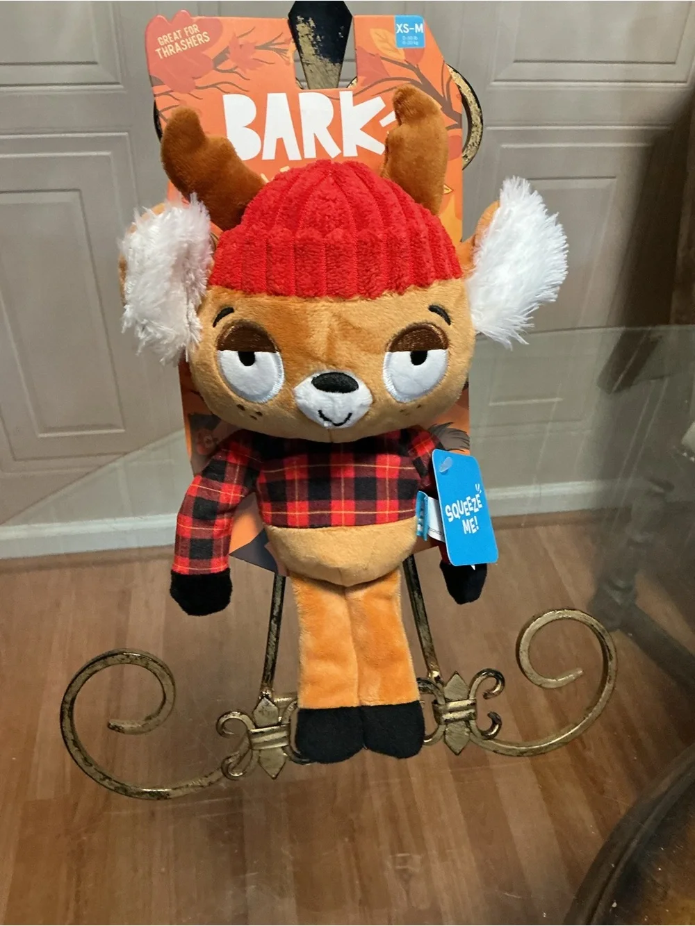 Bark Box Reindeer Crinkle Squeaker Dog Toy Plush Hat Buffalo Check Sweater 11”